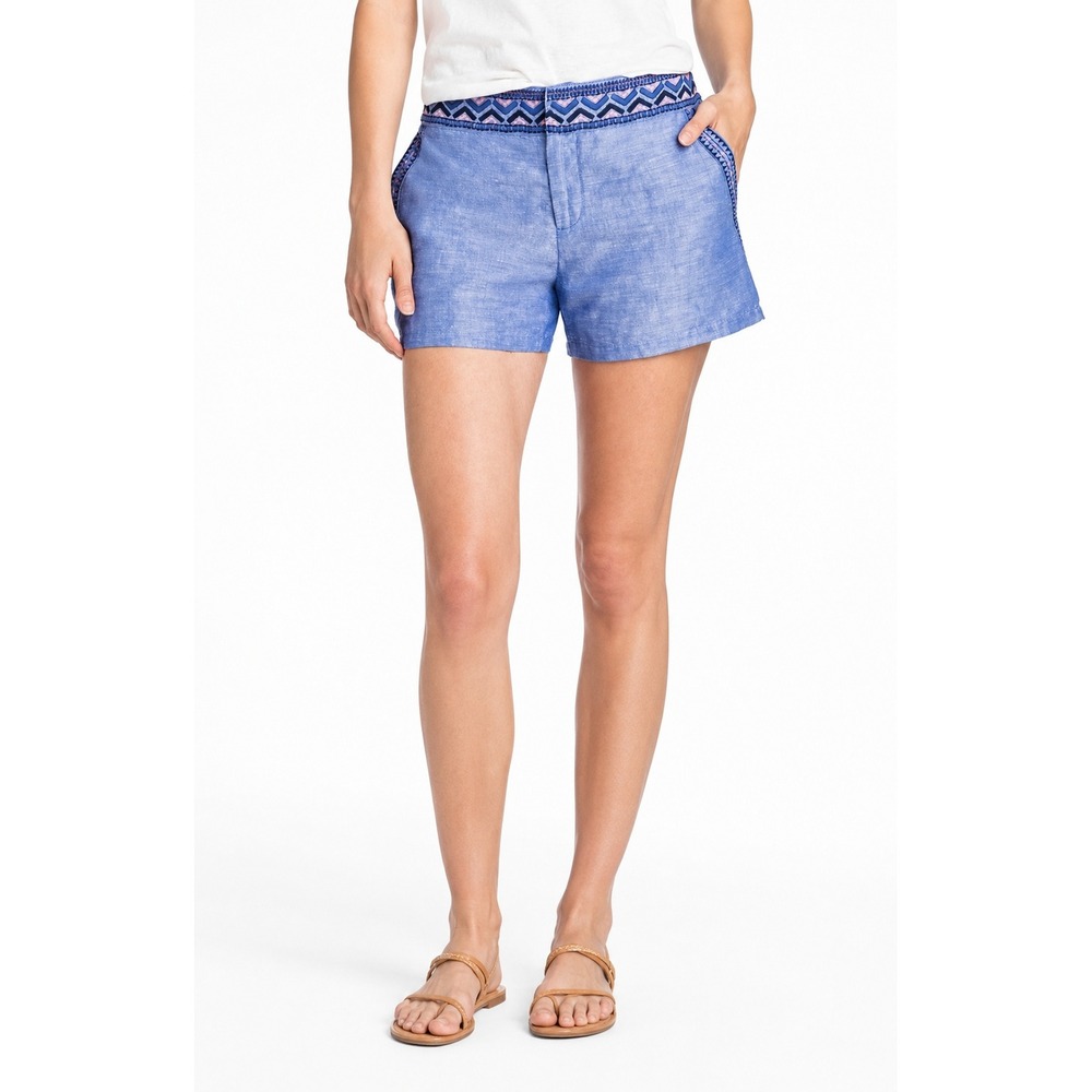 Vineyard Vines Boho Chic Blue Linen Cotton Shorts Euro Summer Size 4 Embroidered